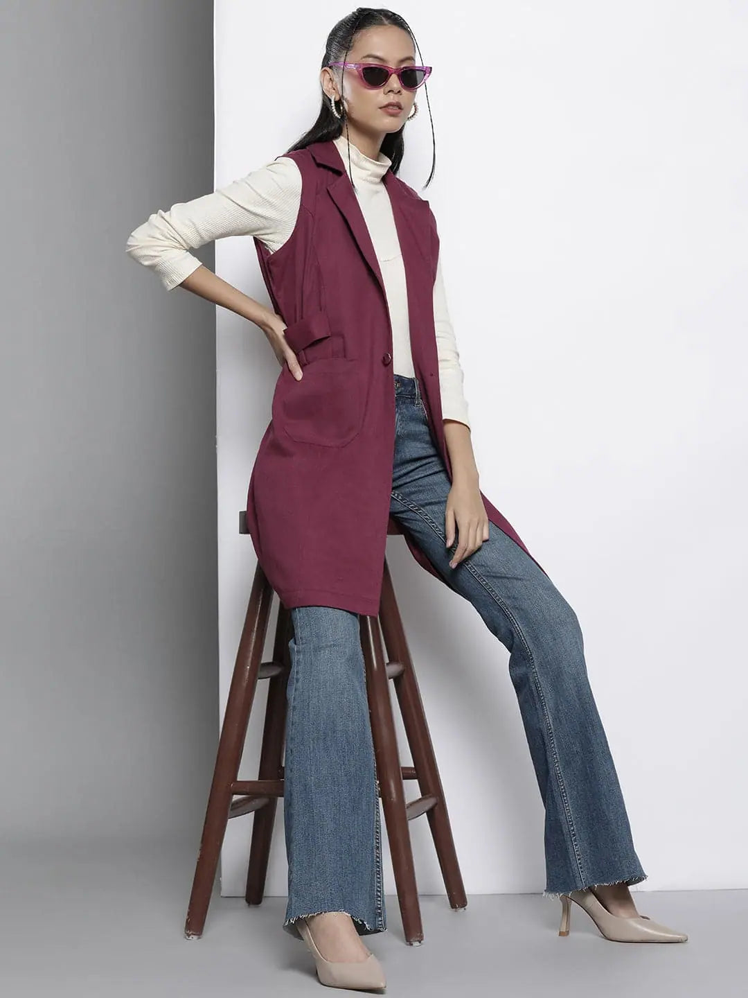 Women Solid Burgundy Sleeveless Jacket Embroidered Jacket Appliqued Jacket Beaded Jacket Women Solid Burgundy Sleeveless Jacket Embroidered Jacket Appliqued Jacket Beaded Jacket