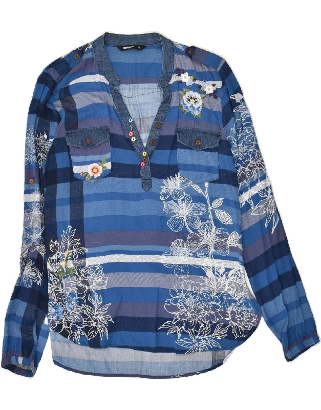 DESIGUAL Womens Graphic Pullover Shirt UK 14 Medium Blue Floral Set Sleeve Pullover