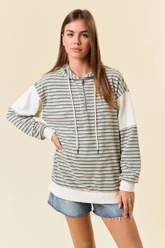 SOFT BRUSHED STRIPE KNIT QUARTER ZIP-UP HOODIE Hoodie with Longline Fit Extended Stylish SOFT BRUSHED STRIPE KNIT QUARTER ZIP-UP HOODIE Hoodie with Longline Fit Extended Stylish