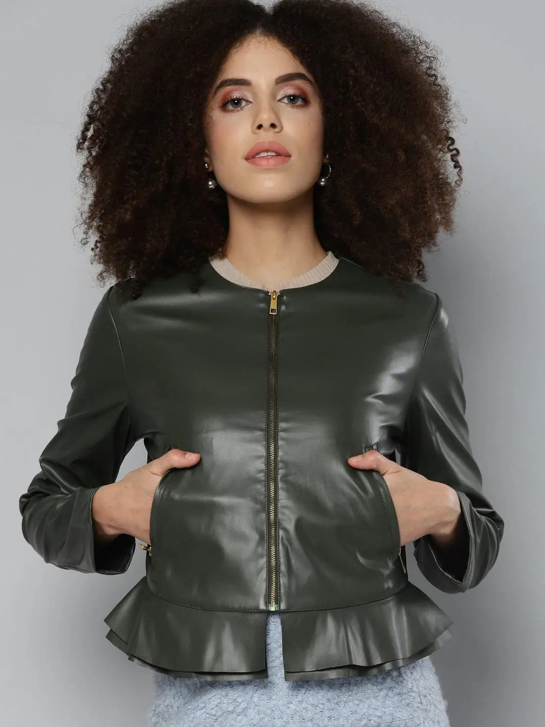 Women Solid Olive Round Neck Full Sleeve Jacket Faux Fur Fabric Real Fur Fabric Shearling Fabric Women Solid Olive Round Neck Full Sleeve Jacket Faux Fur Fabric Real Fur Fabric Shearling Fabric