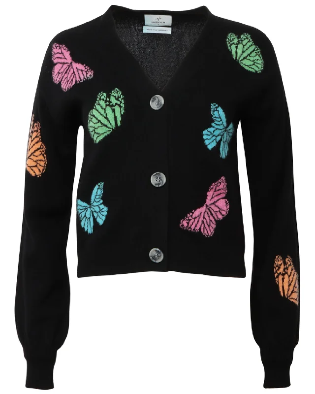 Black Tie Dye Butterfly Crop Cardigan Cashmere Blend Cotton Blend Poly Blend