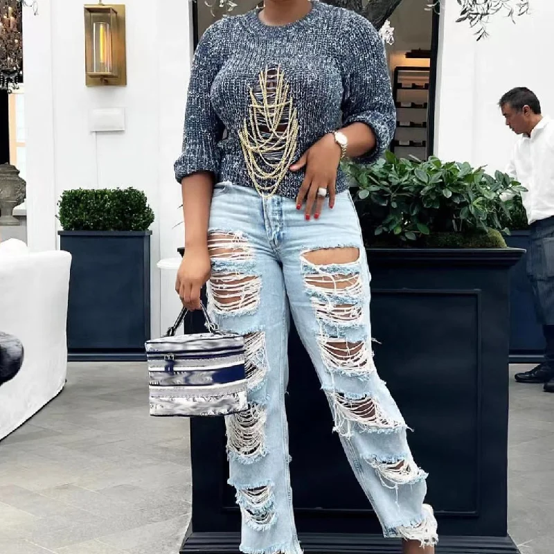 Fall winter fashion vintage women clothing crewneck pullover sweater with chain ladies knitted distressed sweater Slouchy Comfort Pullover