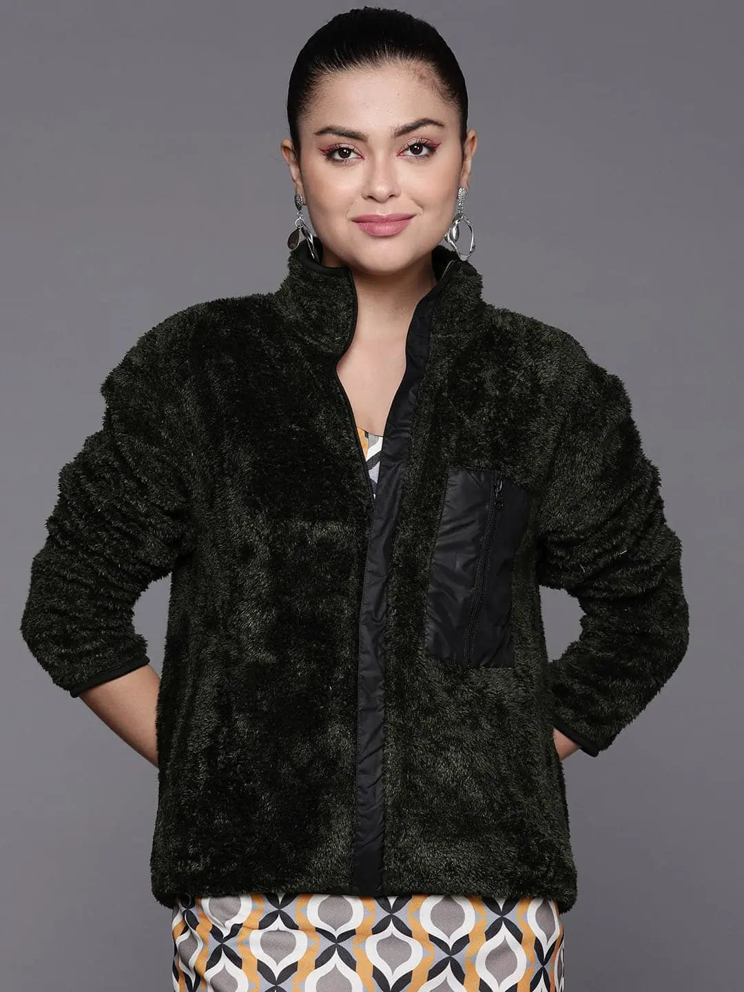 Women Solid Olive Full Sleeve Jacket Toggled Jacket Drawstring Jacket Belted Jacket