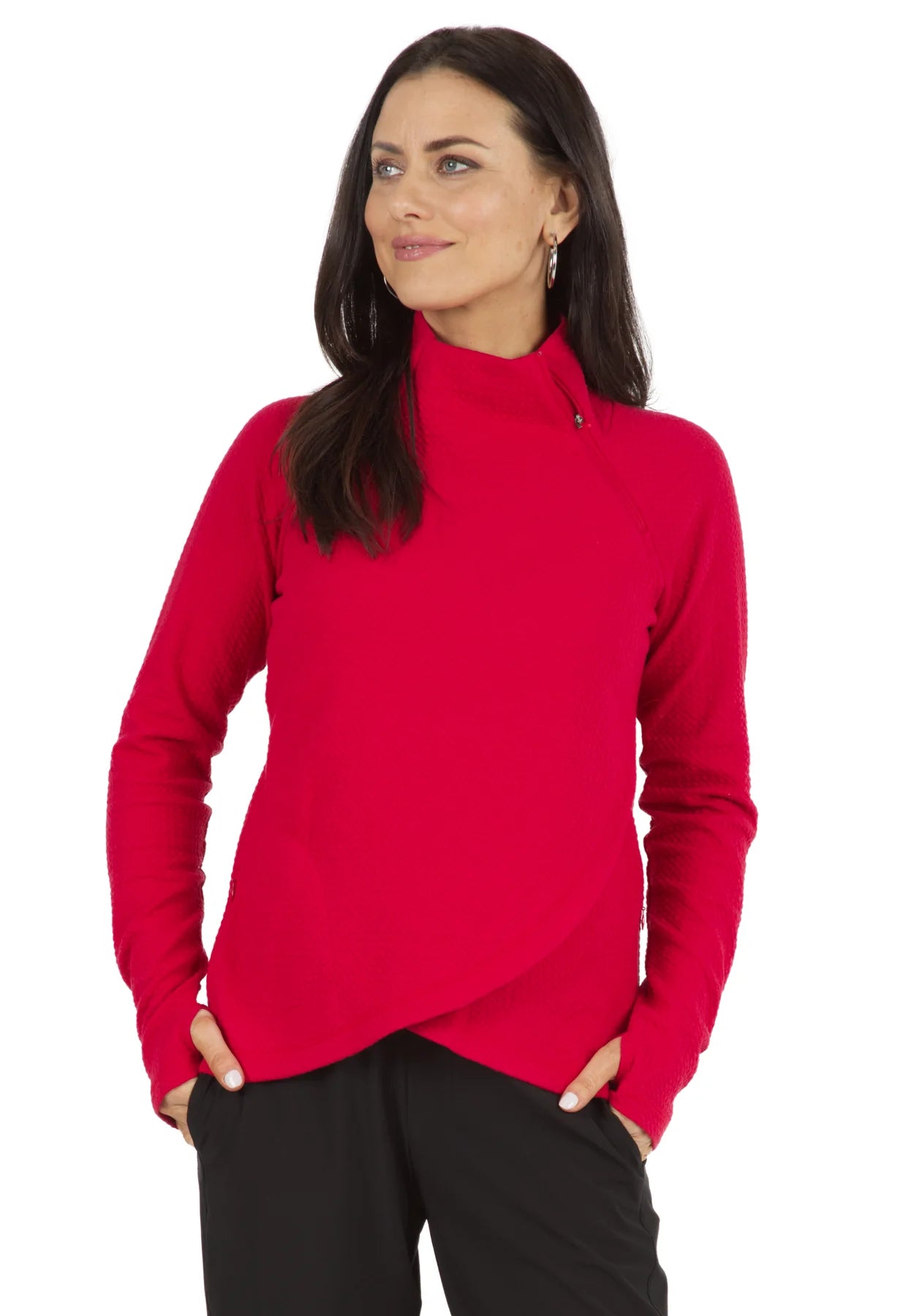 Ibkul  Popcorn Stitch Asymmetrical Zip Pullover - SPF 50 Red Thick Cable Knit