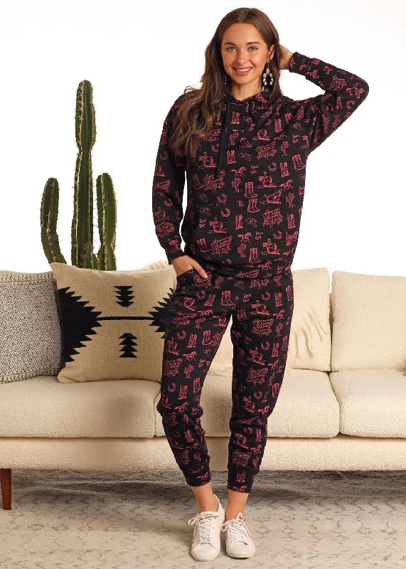 Women's Rock & Roll Rodeo Print Hoodie Hoodie with Color Block Contrast Stylish