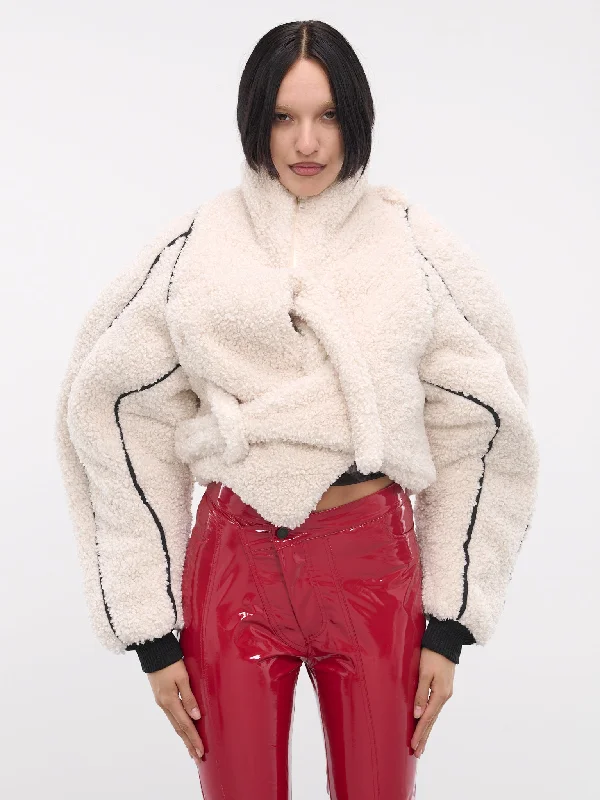 Asymmetric Teddy Jacket (1090603121-OFF-WHITE) A-Line Jacket Boat Neck Shawl Collar