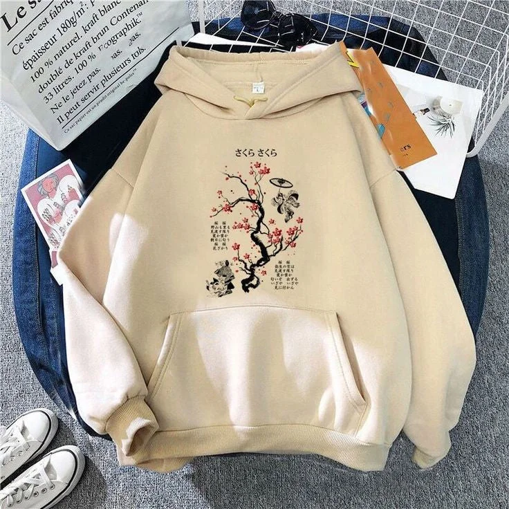 Vintage cherry Blossom Print Oversized kawaii Fashion Style Hoodie For women Hoodie with Button Classic Timeless Vintage cherry Blossom Print Oversized kawaii Fashion Style Hoodie For women Hoodie with Button Classic Timeless