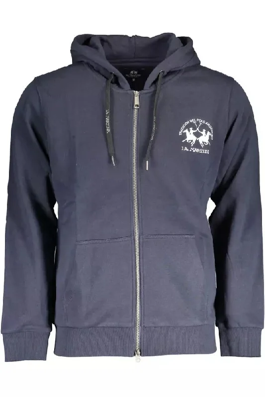 Elegant Hooded Blue Sweatshirt With Embroidery Hoodie with Zipper Placket Modern Functional