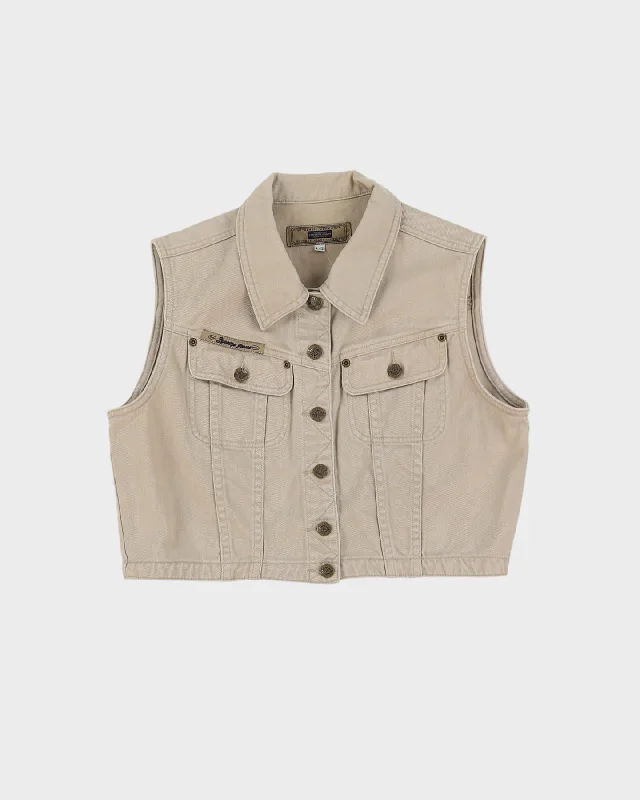 Vintage 1990s Beige Cropped Sleeveless Denim Jacket - L V-Neck Jacket Boat Neck Jacket Square Neck Jacket Vintage 1990s Beige Cropped Sleeveless Denim Jacket - L V-Neck Jacket Boat Neck Jacket Square Neck Jacket