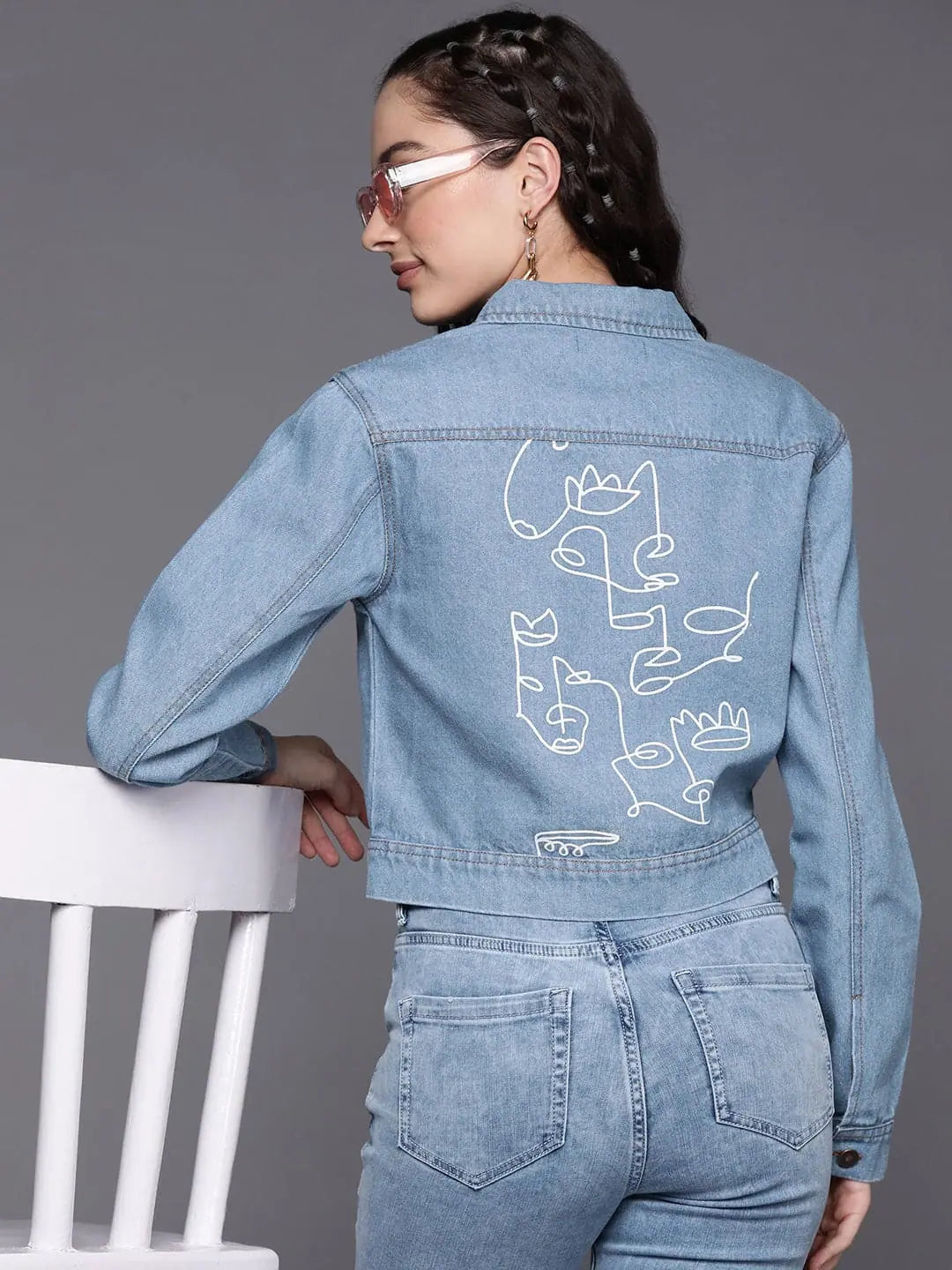 Women Printed Blue Full Sleeve Jacket Denim Jacket Leather Jacket Suede Jacket
