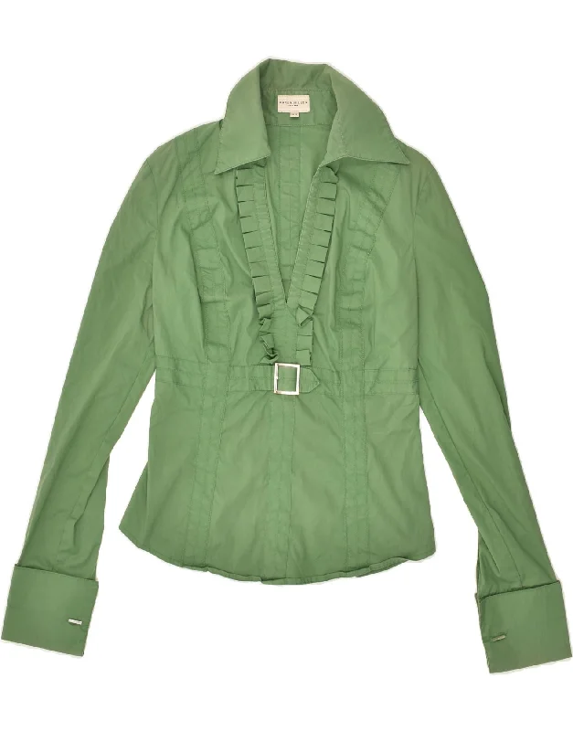 KAREN MILLEN Womens Pullover Shirt UK 10 Small Green Cotton One Shoulder Top