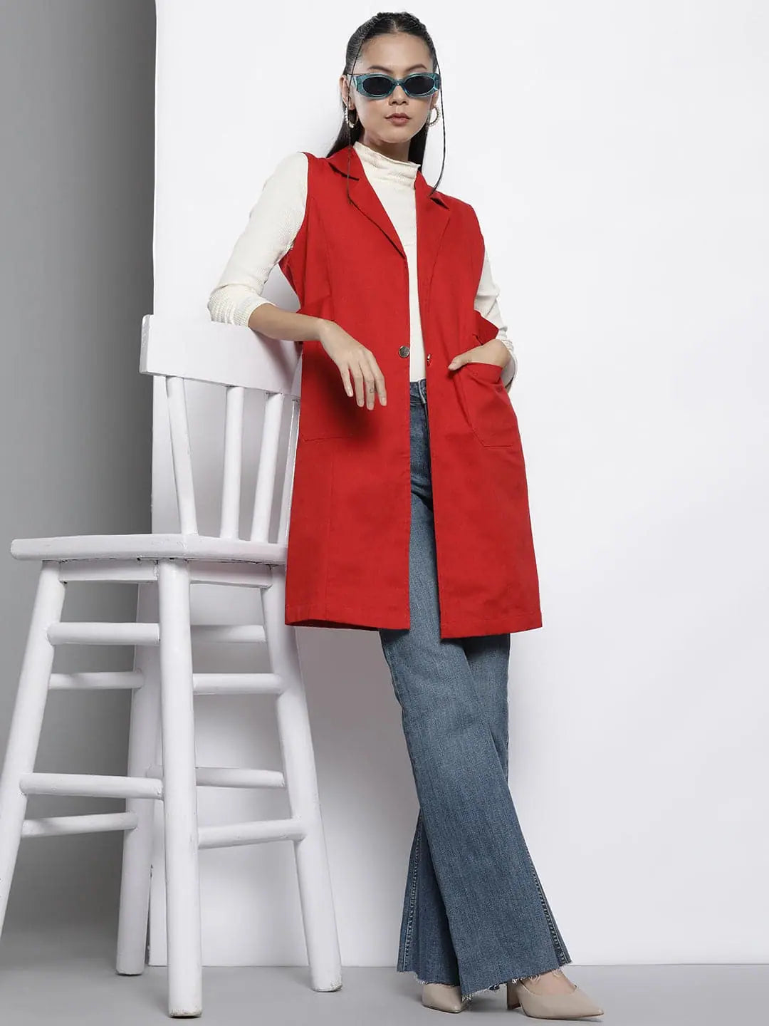 Women Solid Red Sleeveless Jacket Striped Jacket Polka Dot Jacket Floral Jacket