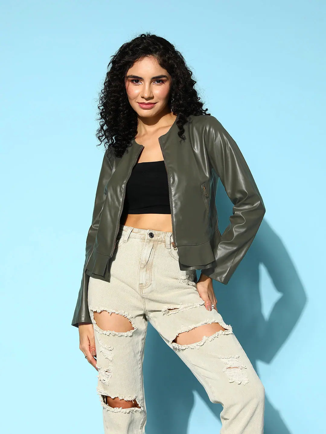 Women Solid Standard Olive Jacket Front Pockets Side Pockets Patch Pockets