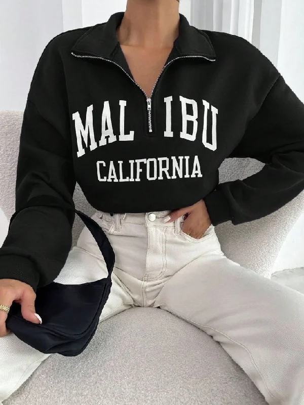 Malibu California Printed Relaxed Fit Cool Aesthetic High Neck Zip Collar Sweatshirt For Women Hoodie with Pattern Geometric Abstract Malibu California Printed Relaxed Fit Cool Aesthetic High Neck Zip Collar Sweatshirt For Women Hoodie with Pattern Geometric Abstract