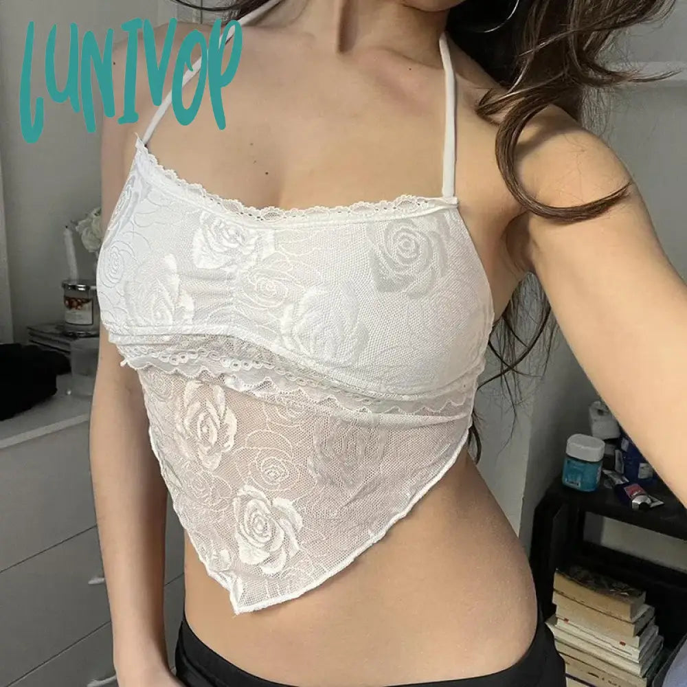 Lunivop Y2K Sexy Lace Trim Halter Tops See Through Slim Slash Neck Sleeveless Tank Tops Women 2024 Summer Fashion Streetwear Ladies high neck tank Lunivop Y2K Sexy Lace Trim Halter Tops See Through Slim Slash Neck Sleeveless Tank Tops Women 2024 Summer Fashion Streetwear Ladies high neck tank