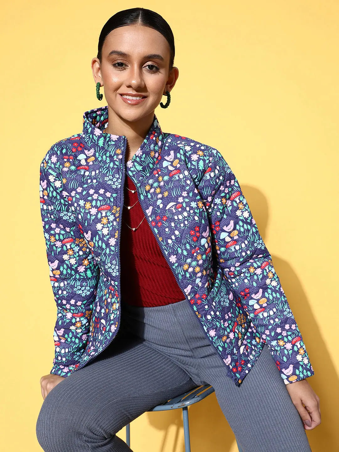 Women Printed Purple Full Sleeve Jacket Elasticated Jacket Padded Jacket Insulated Jacket Women Printed Purple Full Sleeve Jacket Elasticated Jacket Padded Jacket Insulated Jacket