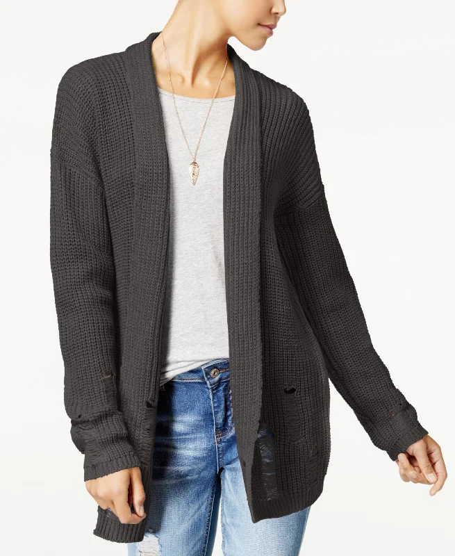 Polly Esther Juniors Ripped Shawl Collar Cardigan Striped Floral Plaid
