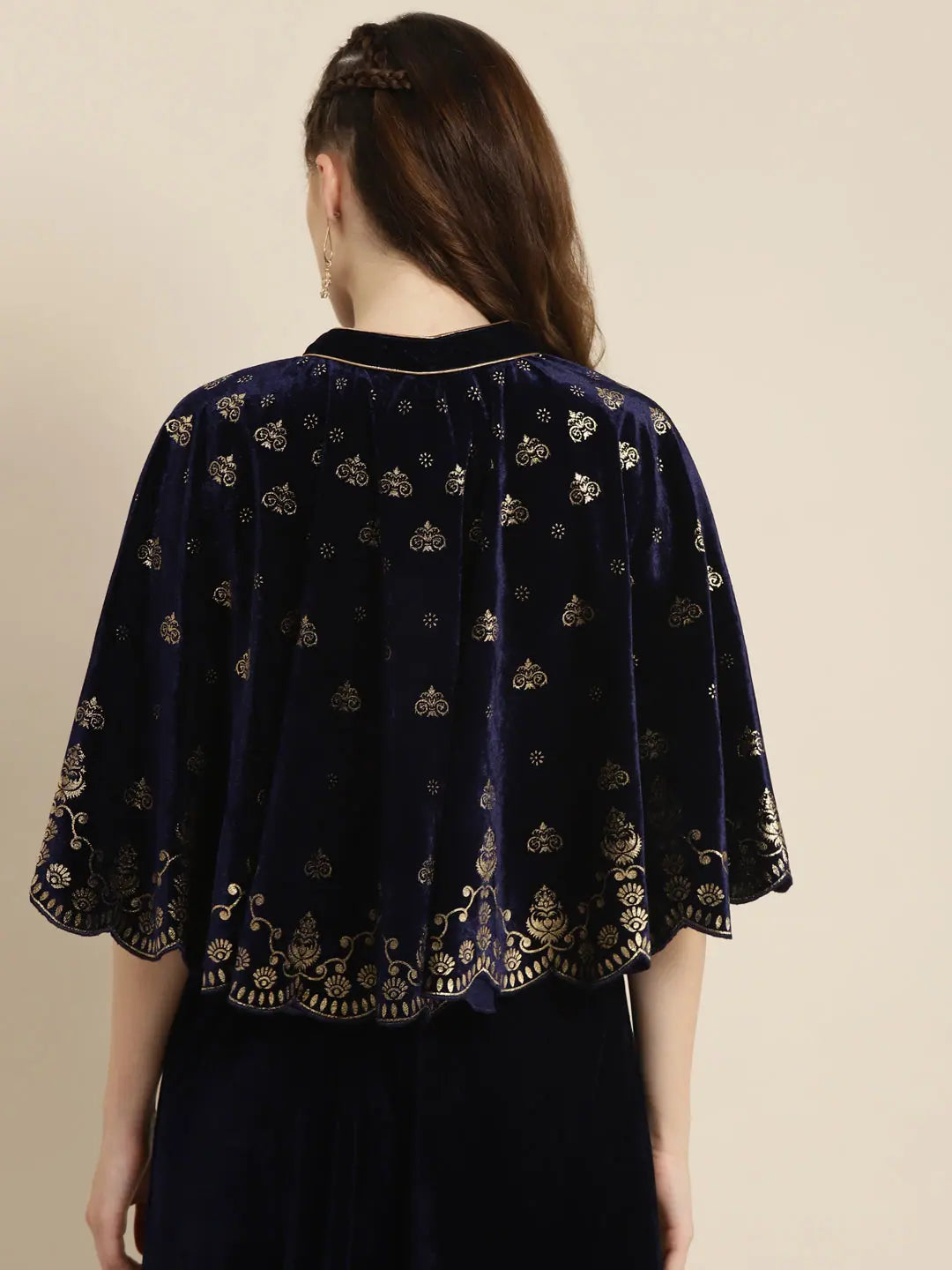 Women Printed Navy Sleeveless Jacket Hoodie Zip-Up Jacket Button-Up Jacket
