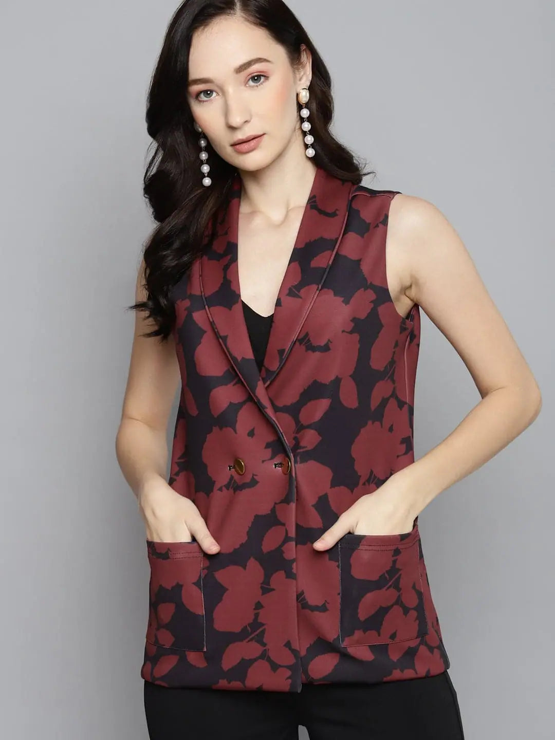Women Printed Red Sleeveless Jacket Striped Jacket Polka Dot Jacket Floral Jacket