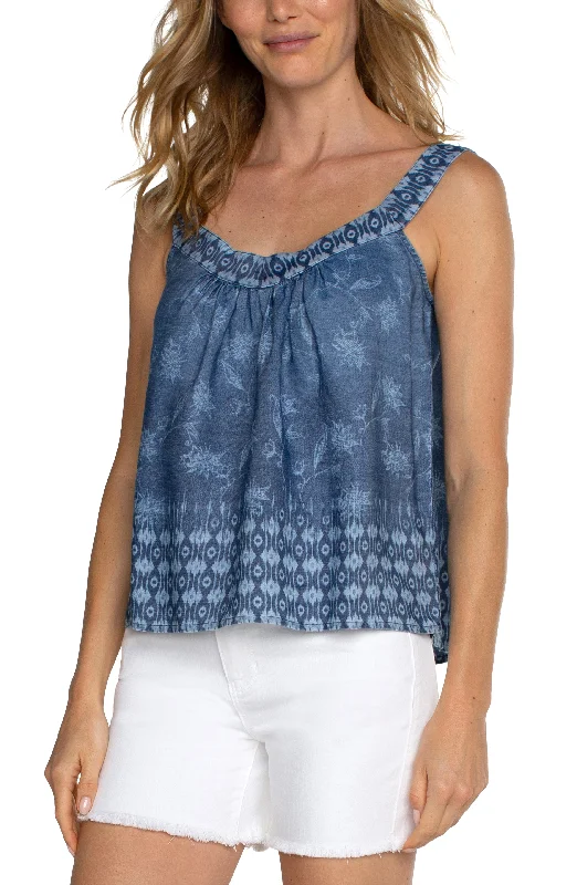 Liverpool Sleeveless V-Neck Easy Fit Tank with Smocking (Indigo Floral) lightweight tank top Liverpool Sleeveless V-Neck Easy Fit Tank with Smocking (Indigo Floral) lightweight tank top