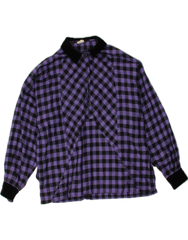 VINTAGE Womens Pullover Shirt IT 44 Medium Purple Gingham Wool Ribbed Crew Neck