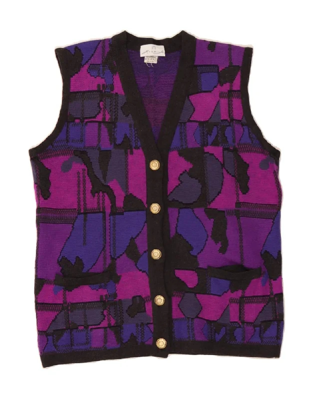 VINTAGE Womens Sleeveless Cardigan Sweater UK 16 Large Purple Colourblock Wool Fabric Cashmere Fabric Tweed Fabric