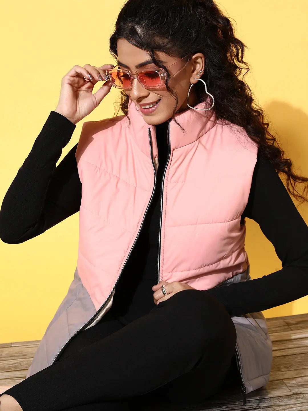 Women Solid Pink Sleeveless Jacket Insulated Jacket Fitted Jacket Loose Jacket