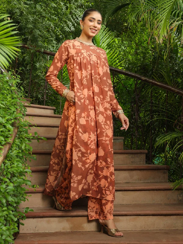Janasya Brown Weightless Georgette Floral Kurta, pant & Jacket Zippered Jacket Buttoned Jacket Snapped Jacket Janasya Brown Weightless Georgette Floral Kurta, pant & Jacket Zippered Jacket Buttoned Jacket Snapped Jacket