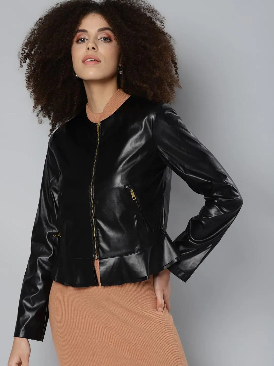 Women Solid Black Round Neck Full Sleeve Jacket Front Pockets Side Pockets Patch Pockets Women Solid Black Round Neck Full Sleeve Jacket Front Pockets Side Pockets Patch Pockets