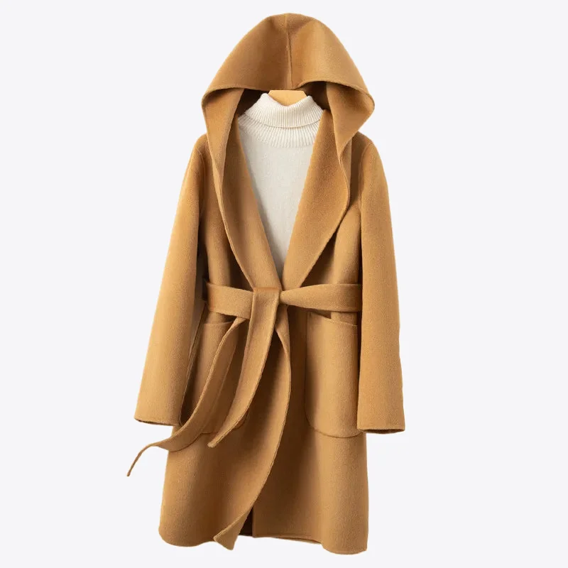 Korean Design Women Double-sided Cashmere Mid-length Hoodie Coat With Belt Lace Up Hooded Slimming Wool Jacket Autumn Winter Hoodie with Applique Textured Unique Korean Design Women Double-sided Cashmere Mid-length Hoodie Coat With Belt Lace Up Hooded Slimming Wool Jacket Autumn Winter Hoodie with Applique Textured Unique