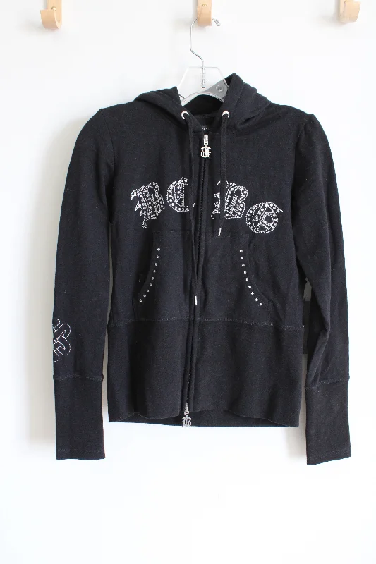 NEW BCBGMaxazria Black Bedazzled Hoodie | L Hoodie with Cuffed Sleeves Snug Secure