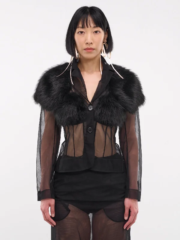 Faux Fur & Tulle Jacket (6097-CAPF-0069-BLACK) Welt Pockets Slit Pockets Flap Pockets Faux Fur & Tulle Jacket (6097-CAPF-0069-BLACK) Welt Pockets Slit Pockets Flap Pockets