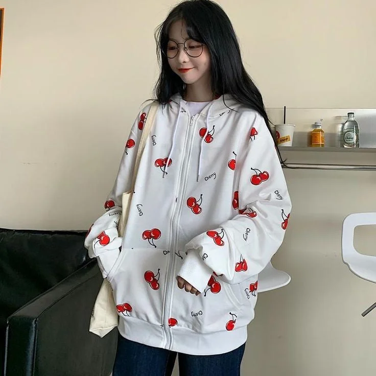 Y2K White Cherry Printed Kawaii Style Oversized Zip Up Zipper Hoodie For Women's - Clothing Fashion Cotton Hoodie Fleece Lining Warmth Y2K White Cherry Printed Kawaii Style Oversized Zip Up Zipper Hoodie For Women's - Clothing Fashion Cotton Hoodie Fleece Lining Warmth