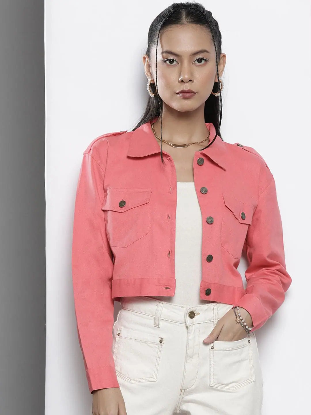 Women Solid Pink Full Sleeve Jacket Faux Fur Jacket Real Fur Jacket Shearling Jacket Women Solid Pink Full Sleeve Jacket Faux Fur Jacket Real Fur Jacket Shearling Jacket