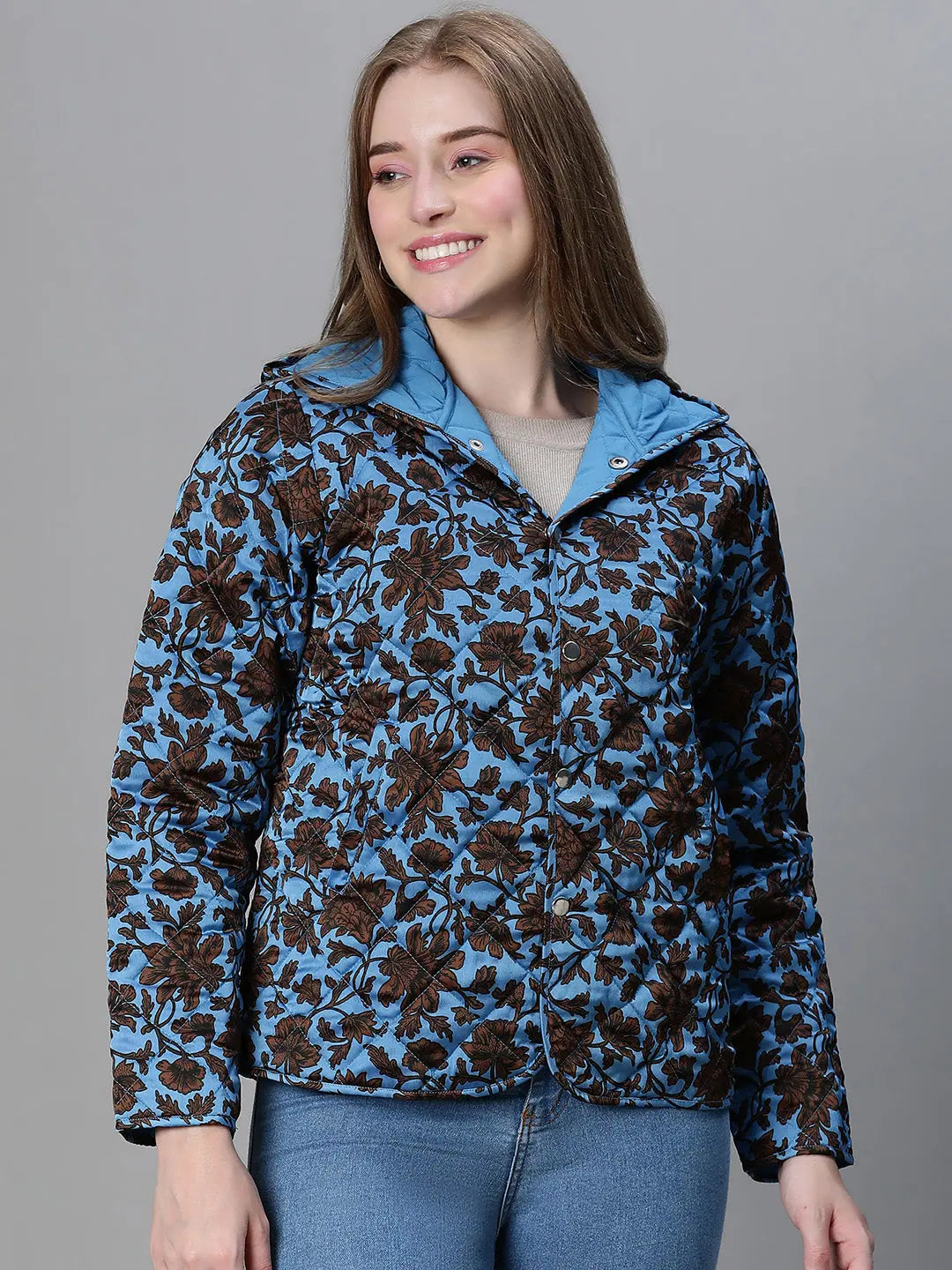 Women Printed Standard Blue Full Sleeve Jacket Hooded Jacket Caped Jacket Shawl Collar Jacket Women Printed Standard Blue Full Sleeve Jacket Hooded Jacket Caped Jacket Shawl Collar Jacket