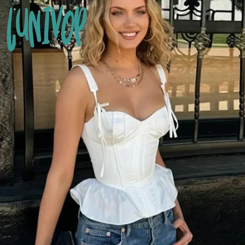 Lunivop Bow V-neck Solid Color Slim Camisole For Women Elegant High Waisted Patchwork Sleeveless Backless Sweet Short Tank Top low neck tank Lunivop Bow V-neck Solid Color Slim Camisole For Women Elegant High Waisted Patchwork Sleeveless Backless Sweet Short Tank Top low neck tank