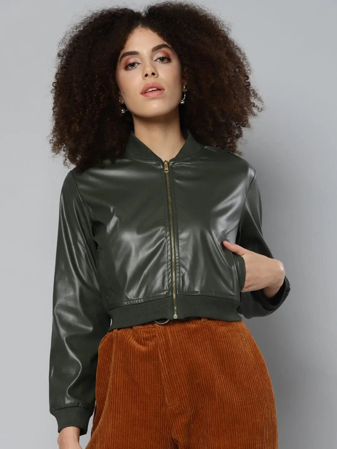 Women Solid Olive Full Sleeve Jacket Denim Fabric Leather Fabric Suede Fabric