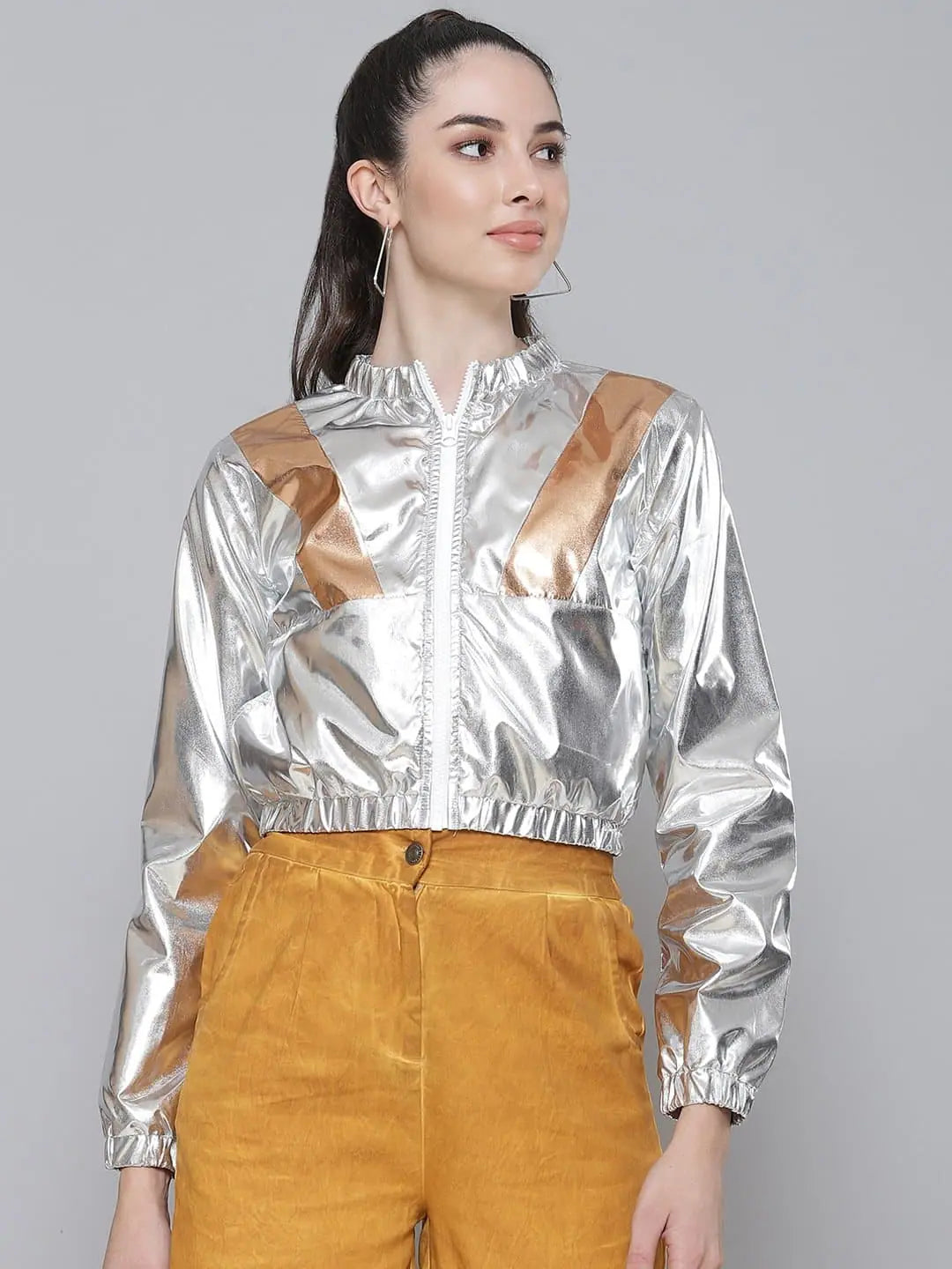 Women Solid Silver Full Sleeve Jacket Mesh Jacket Canvas Jacket Denim Jacket