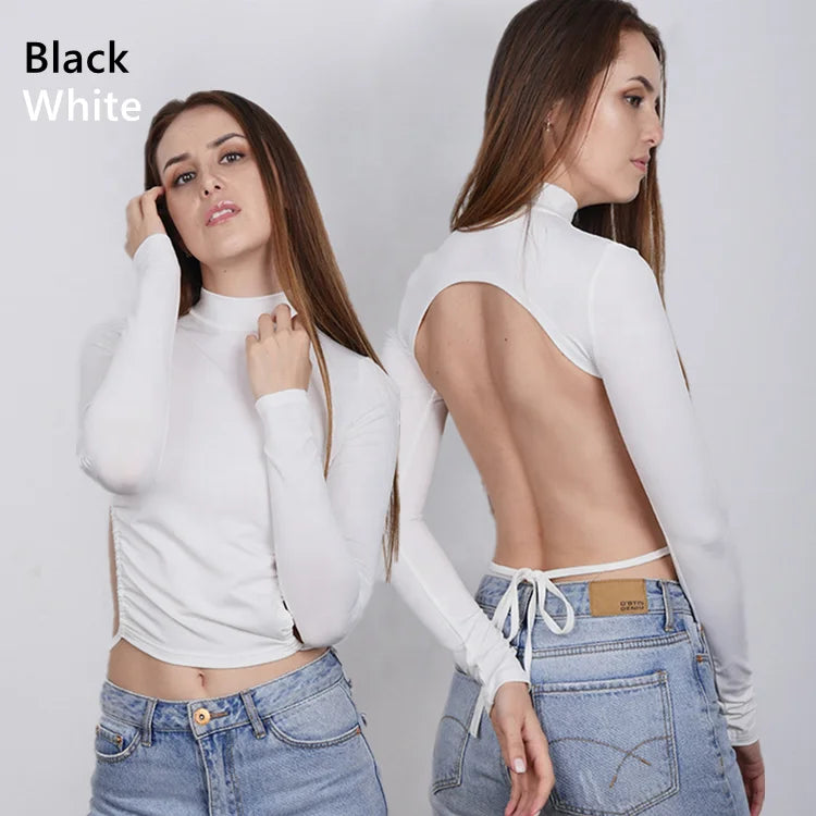 Ins Hot Turtleneck Smooth Soft High Stretch Sexy Backless Long Sleeve Pullover Bandage Women Crop Top T Shirt V-Neck Stylish Pullover