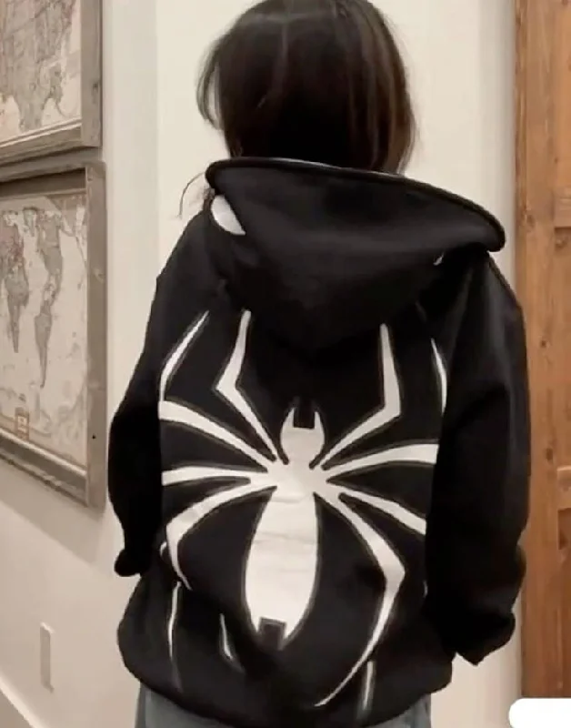 Women's Black Spider Man Y2K Kawaii Style Oversized Full Zip Up Zipper Hoodie Hoodie with Hem Patch Decorative Personalized Women's Black Spider Man Y2K Kawaii Style Oversized Full Zip Up Zipper Hoodie Hoodie with Hem Patch Decorative Personalized