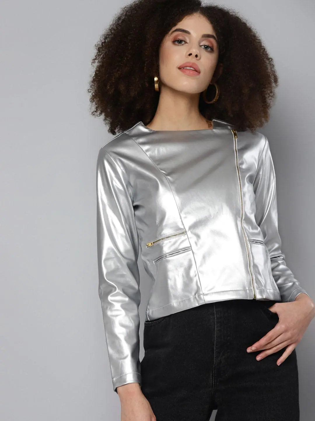 Women Solid Silver Round Neck Full Sleeve Jacket Notch Collar Peter Pan Collar Cowl Neck Women Solid Silver Round Neck Full Sleeve Jacket Notch Collar Peter Pan Collar Cowl Neck