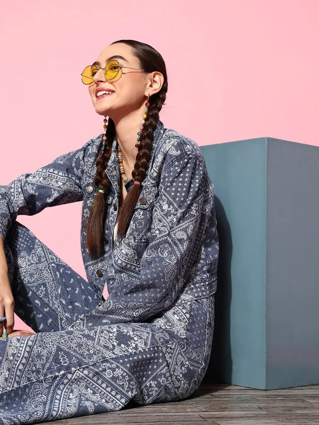 Women Printed Blue Full Sleeve Jacket Wool Fabric Cashmere Fabric Tweed Fabric
