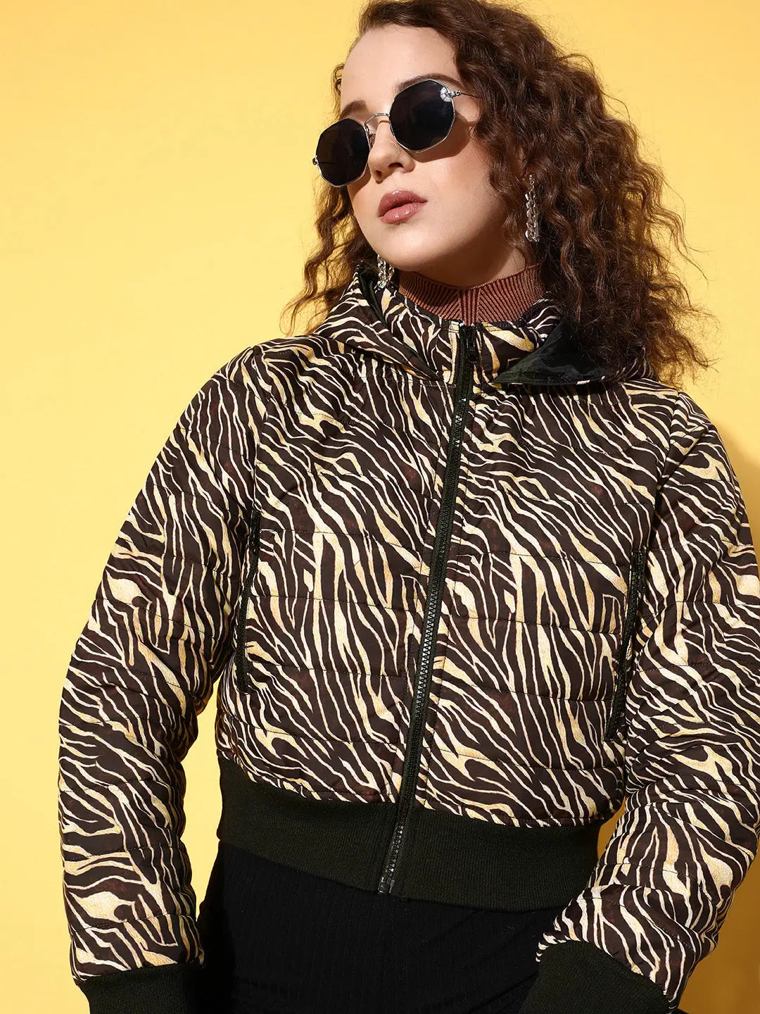 Women Printed Brown Full Sleeve Jacket Boat Neck Shawl Collar Notched Collar