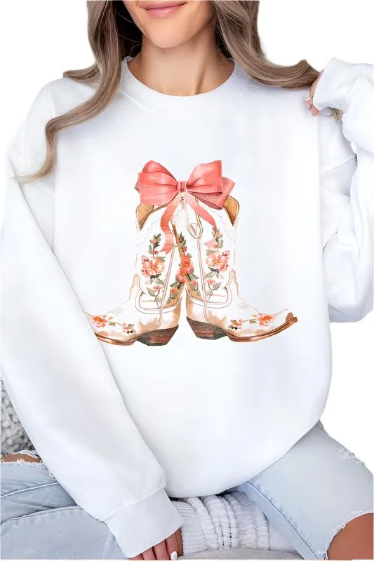 Bow & Floral Boot Sweatshirt Hoodie with Set-In Sleeves Structured Classic