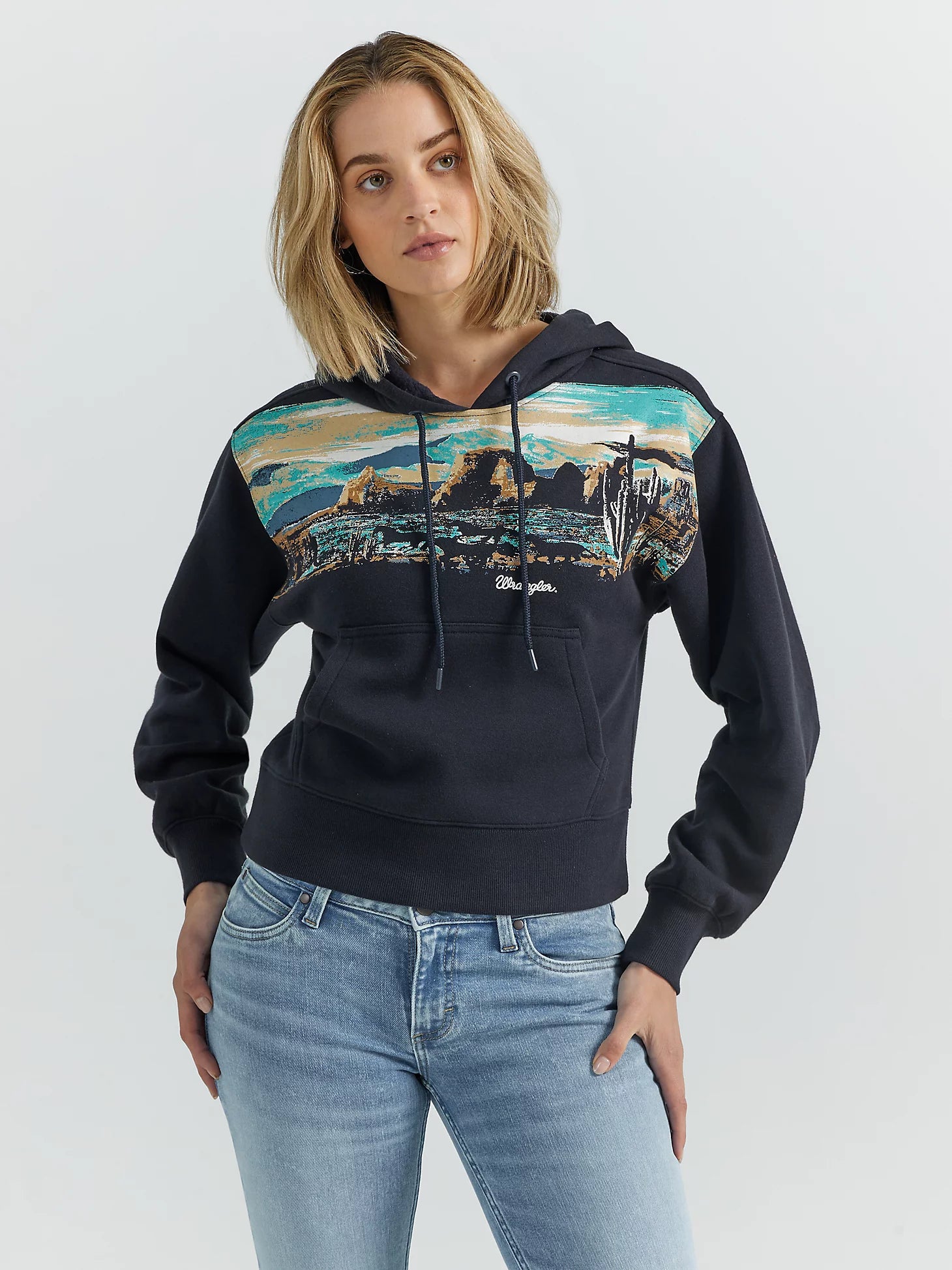 Women's Wrangler Retro Border Print Hoodie Hoodie with Frayed Bohemian Relaxed