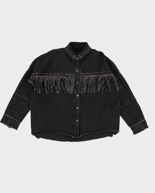 Vintage Tassel and Denim Shirt Jacket - L Front Pockets Side Pockets Patch Pockets