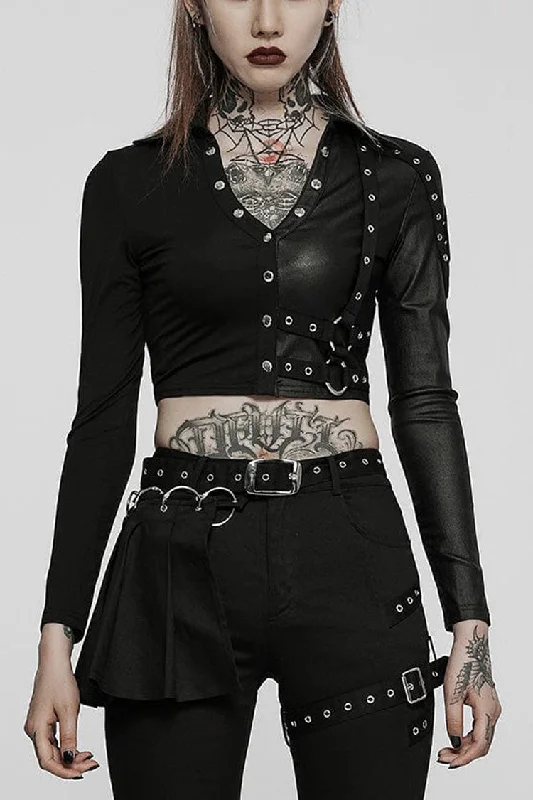 Black Gothic Super Cool Slim Fit Strap Sexy Cropped Pullover Long Sleeve Women's Polo Tee Over Sleeve Pullover