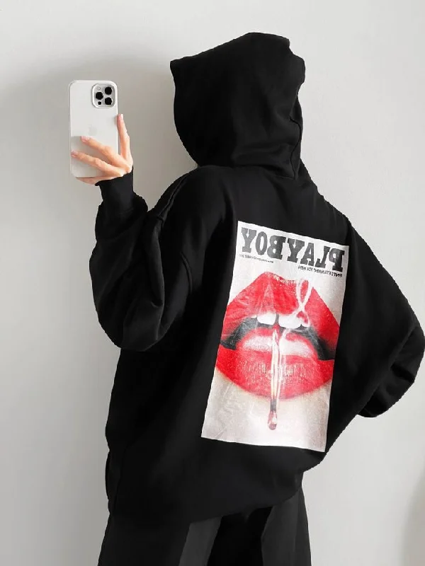 Playboy Black Unisex Printed American Style Fashion Pullover Oversized Hoodie For Women Graphic Hoodie Design Print Playboy Black Unisex Printed American Style Fashion Pullover Oversized Hoodie For Women Graphic Hoodie Design Print