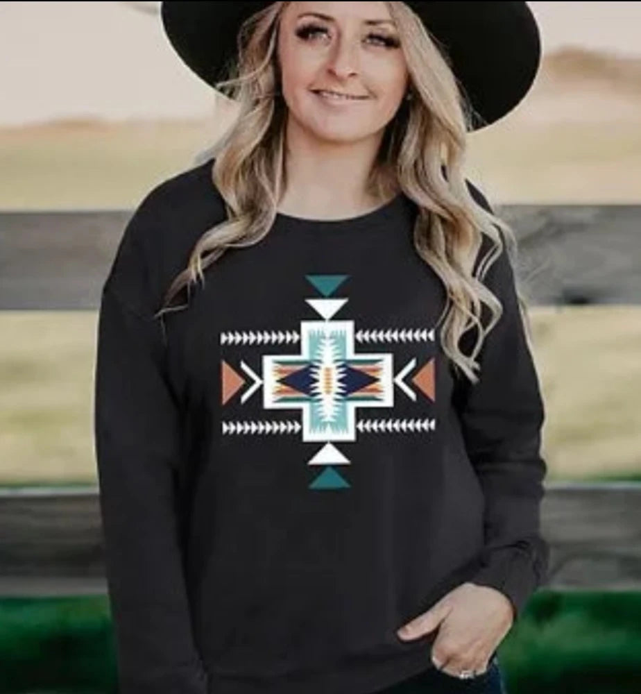 Women's Black Aztec Print Sweatshirt Hoodie with Set-In Sleeves Structured Classic
