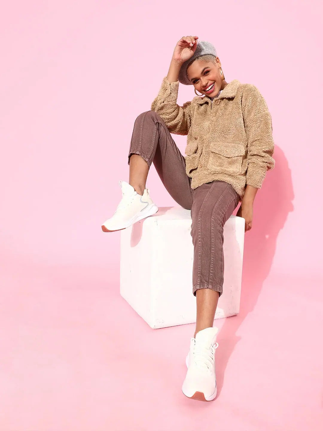 Women Solid Beige Full Sleeve Jacket Fitted Jacket Loose Jacket Oversized Jacket